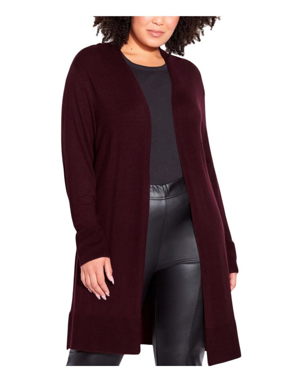 NWT Avenue Ribbed Knit Shawl Open Long Sleeve Cardigan Sweater Plum Purple 16W